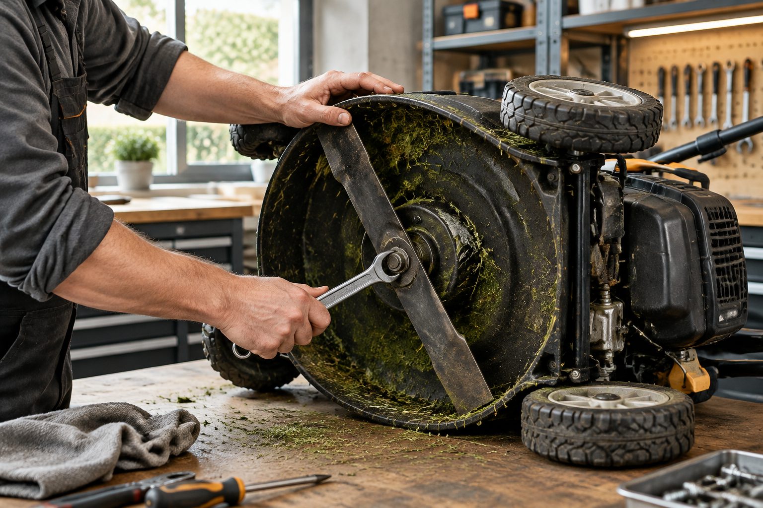 A petrol lawn mower being serviced on a workbench