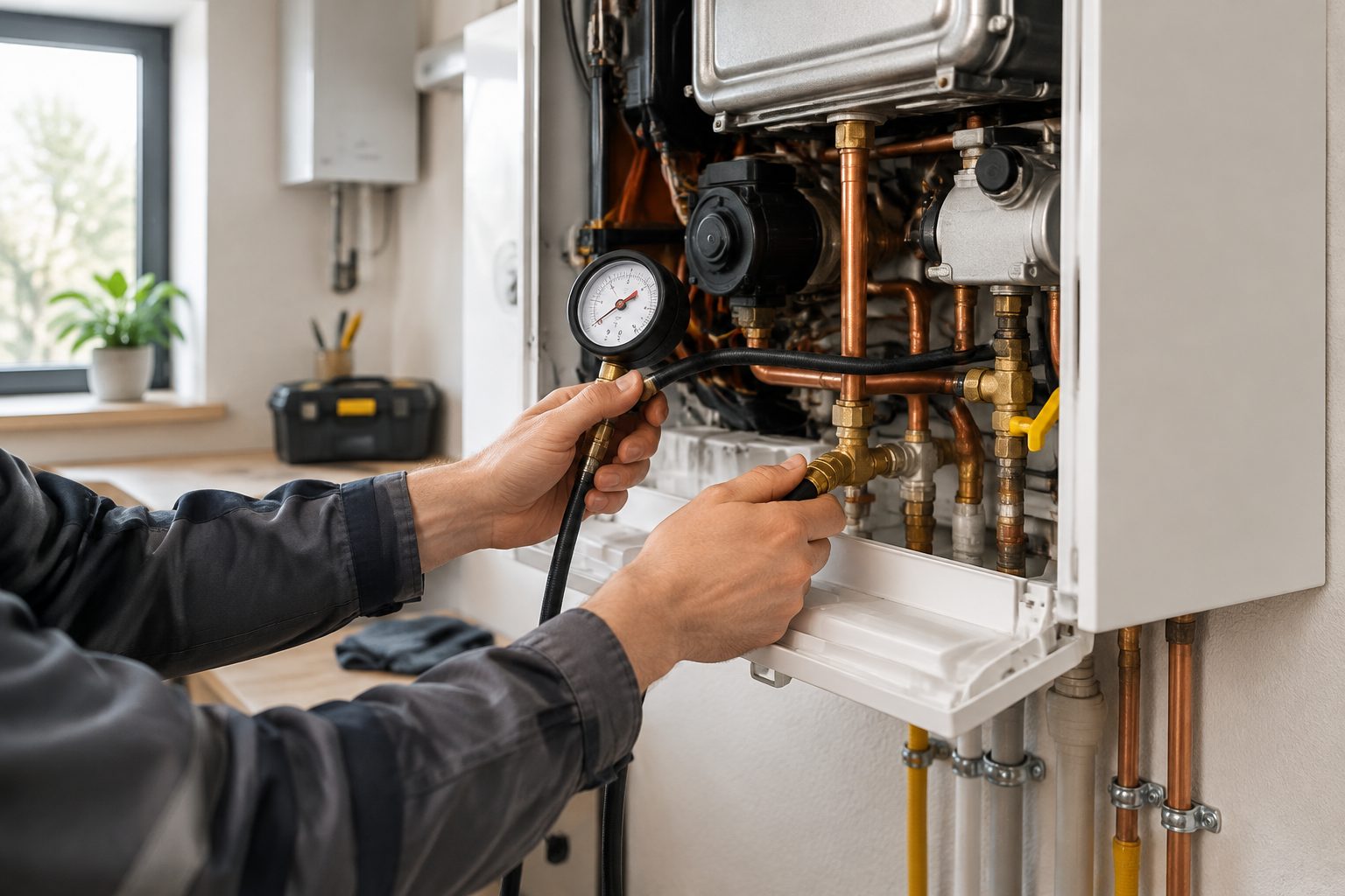 A wall-mounted domestic boiler with its front panel open for service