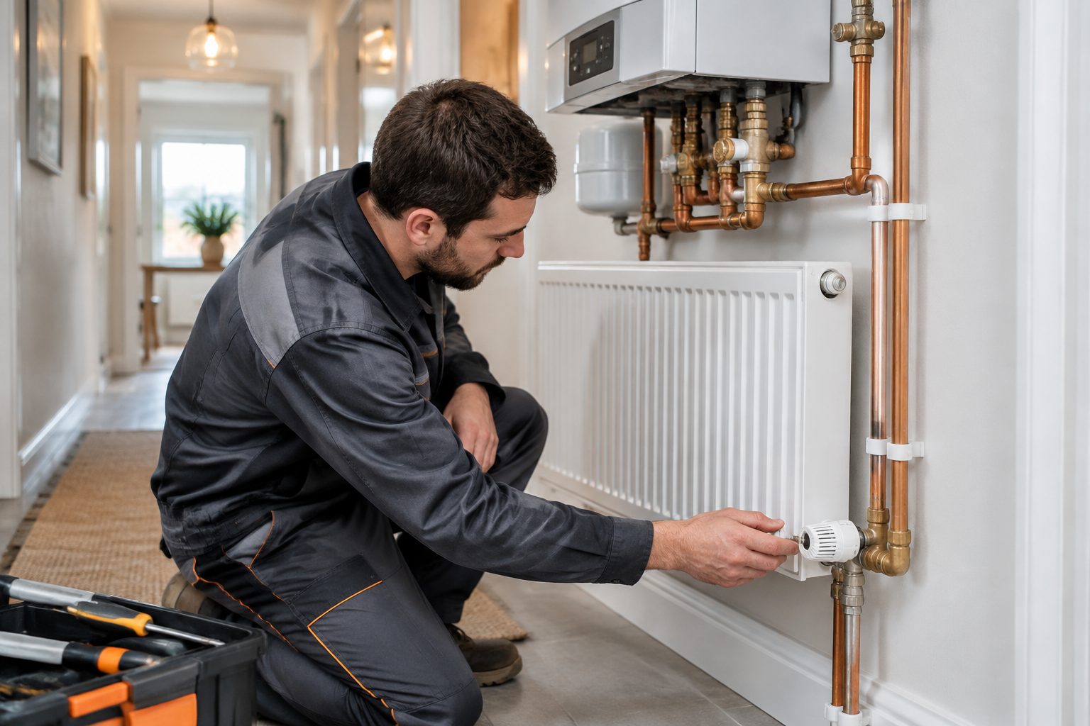 A technician checking a radiator valve on a domestic central heating system