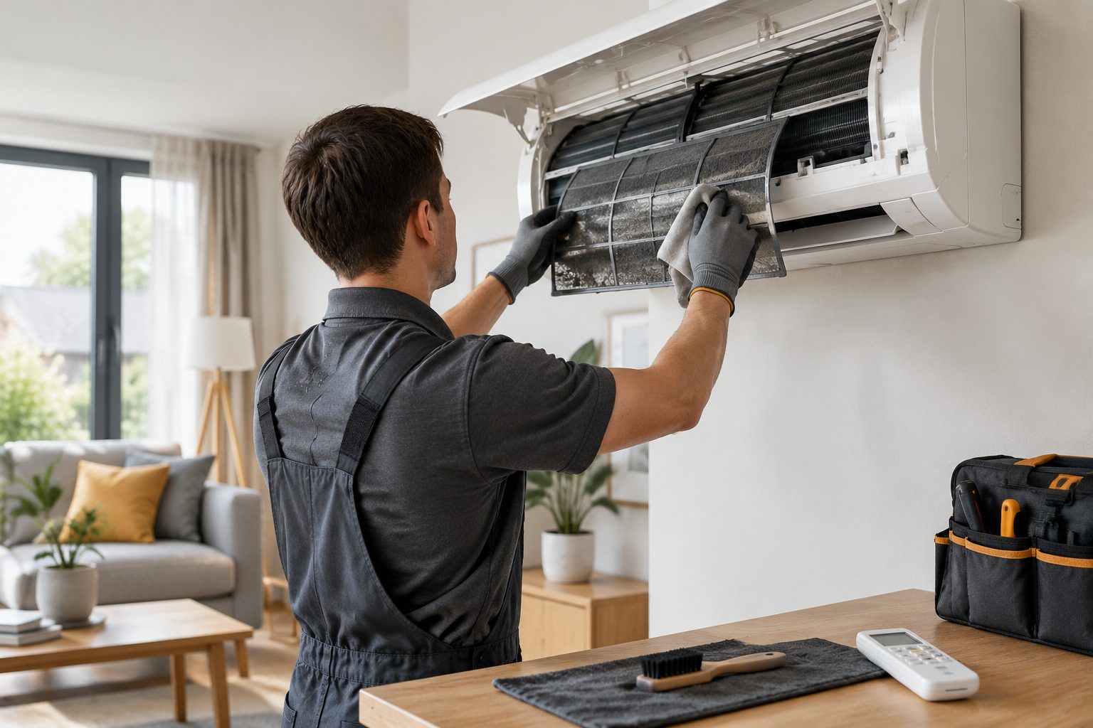 An indoor air conditioning unit opened for servicing