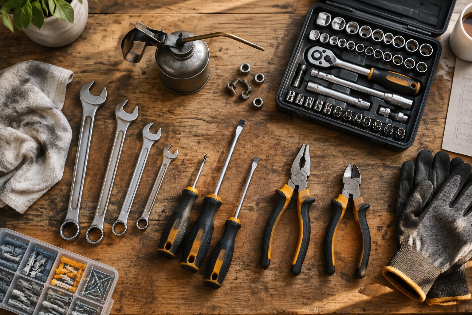 Reliable hand tools laid out on a workbench