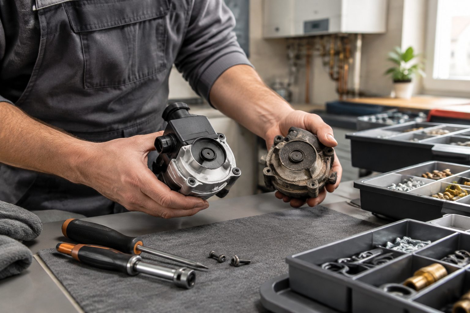 A technician holding a new component beside the worn part it replaces