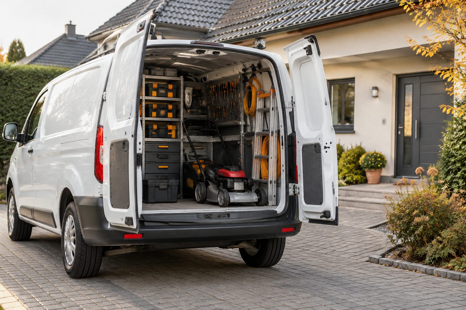 A small service van with tools and equipment loaded in the back